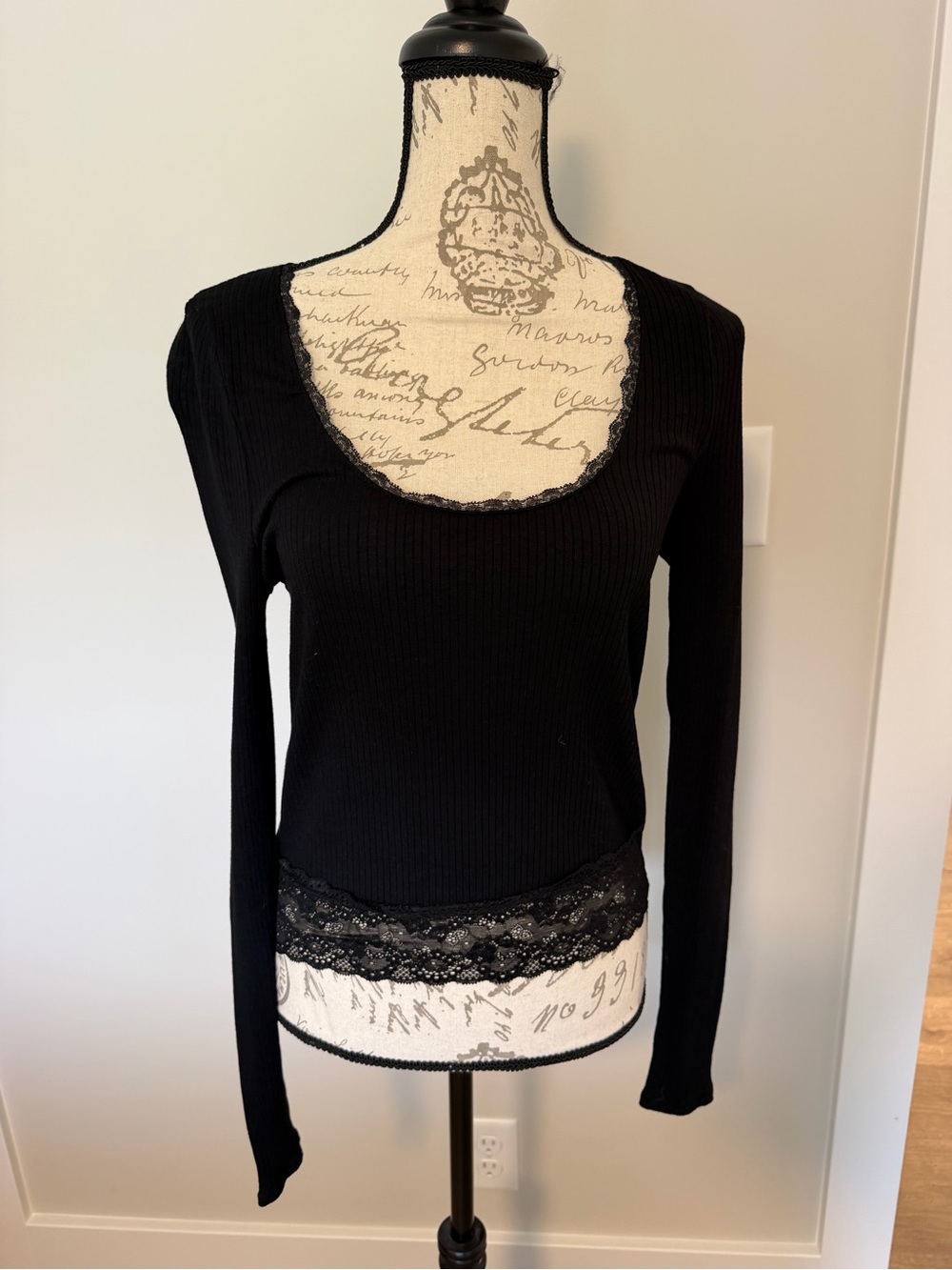 ASOS Black Long-Sleeve Scoop Neck Lace-Hem Ribbed Top
